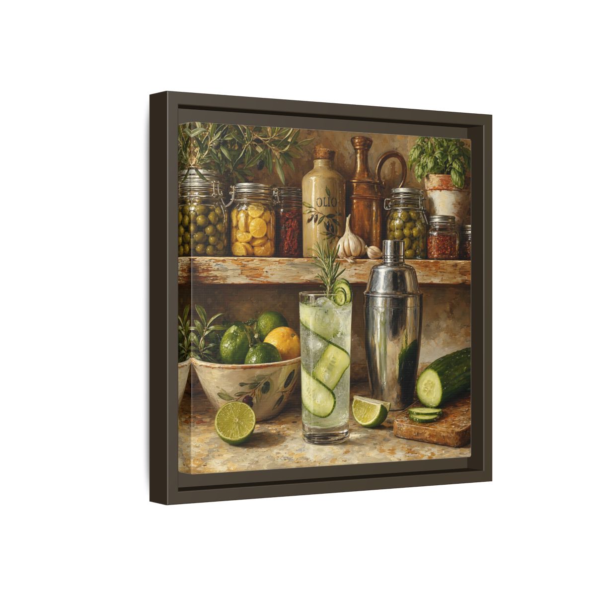 Side Mockup 17. Vintage Cucumber Drink Rustic Kitchen shown as stretched canvas wall art