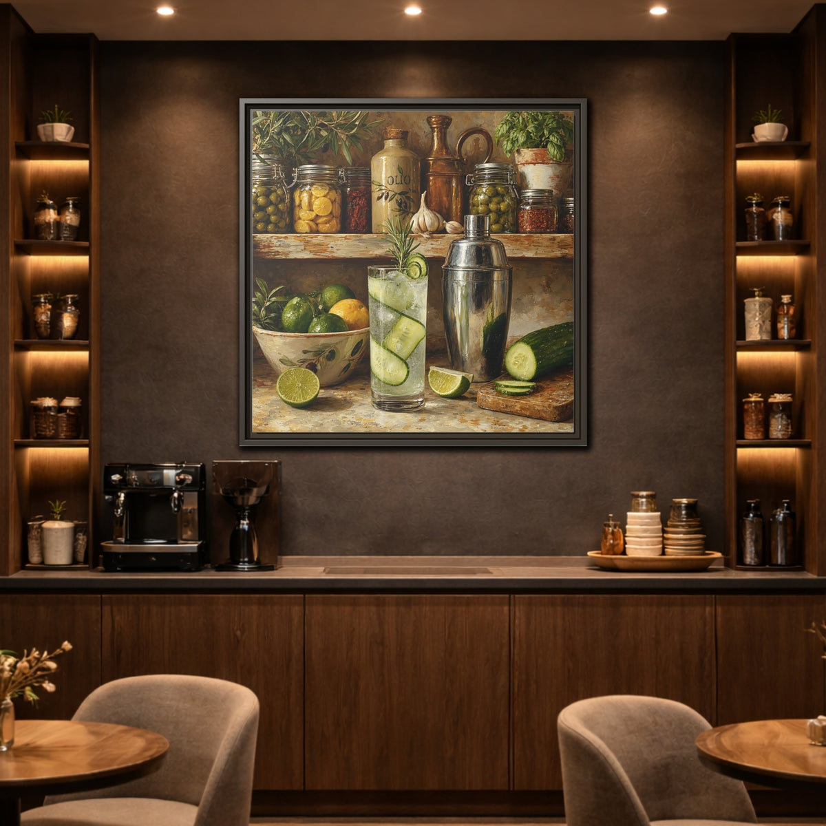 Mockup 2. Vintage Cucumber Drink Rustic Kitchen shown as stretched canvas wall art