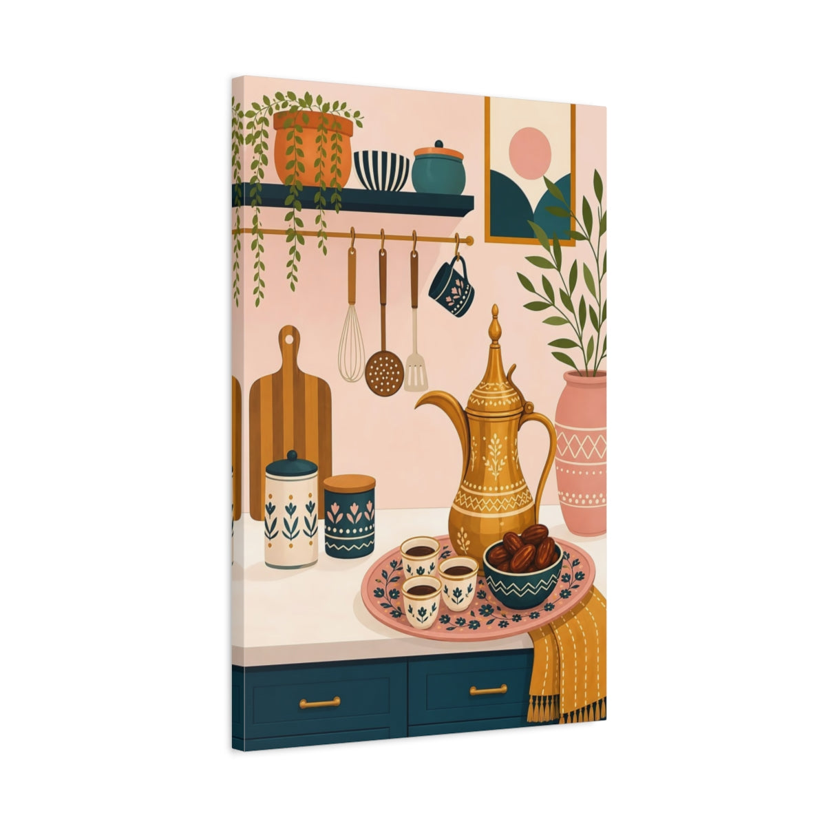 Side Mockup 2. Vintage Dallah Coffee Pink And Teal Kitchen shown as stretched canvas wall art