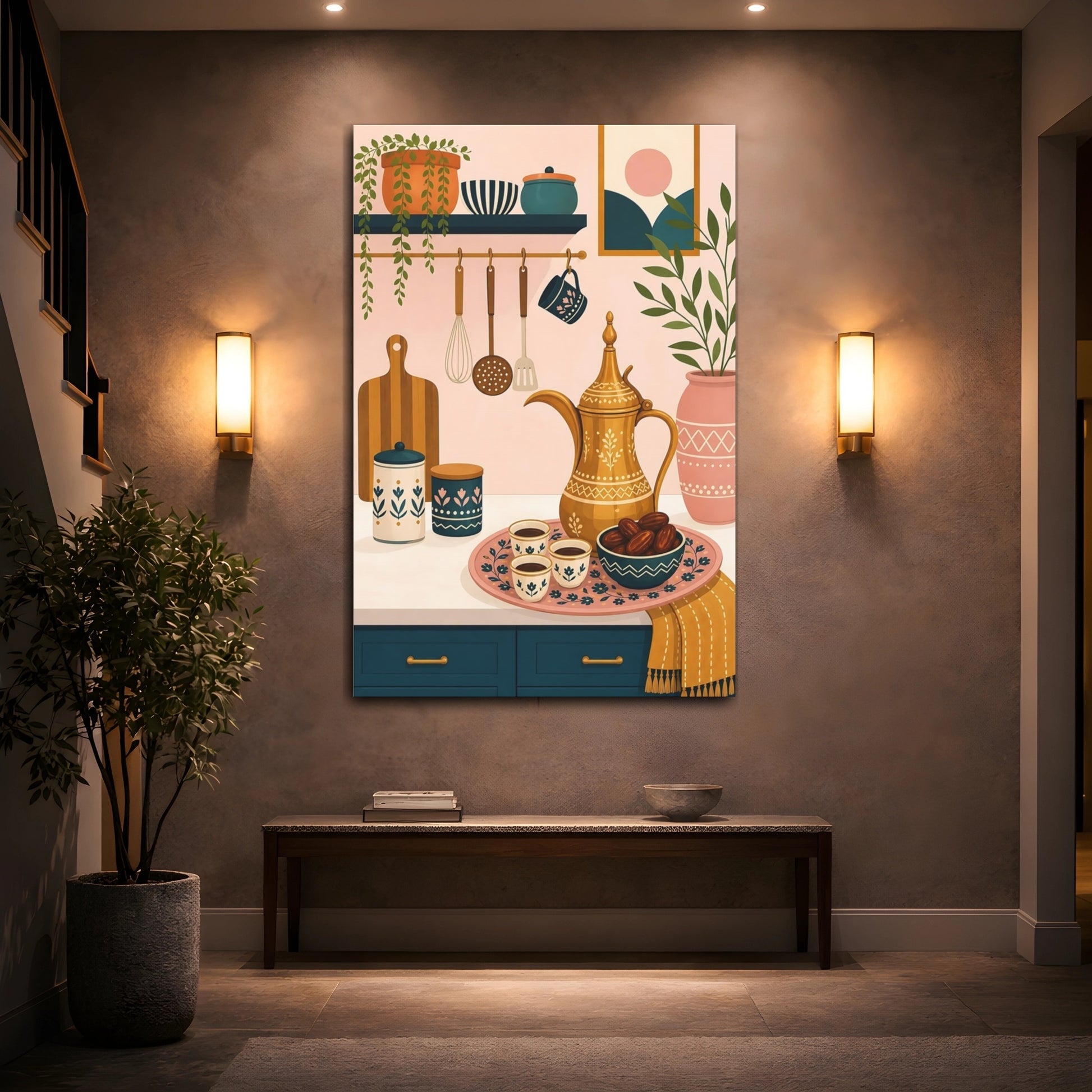 Mockup 2. Vintage Dallah Coffee Pink And Teal Kitchen shown as stretched canvas wall art