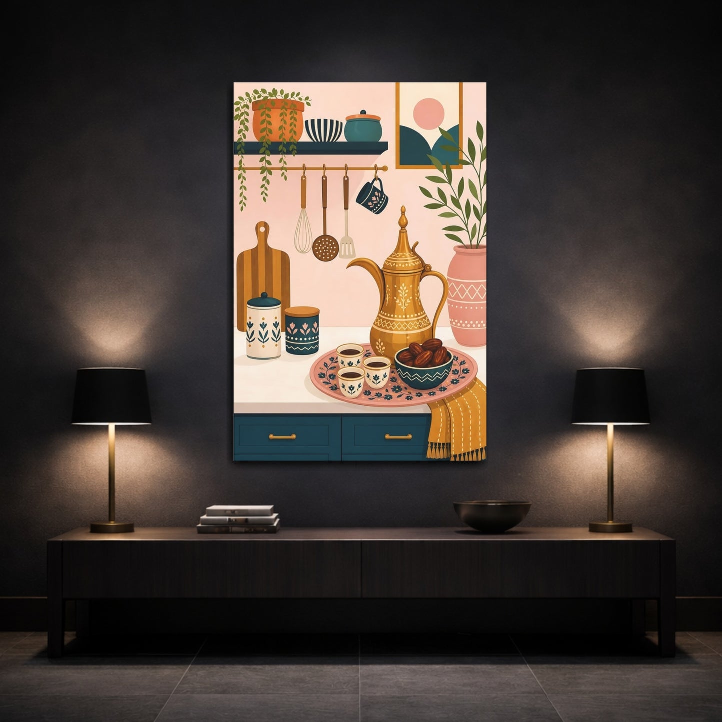 Mockup 3. Vintage Dallah Coffee Pink And Teal Kitchen shown as stretched canvas wall art