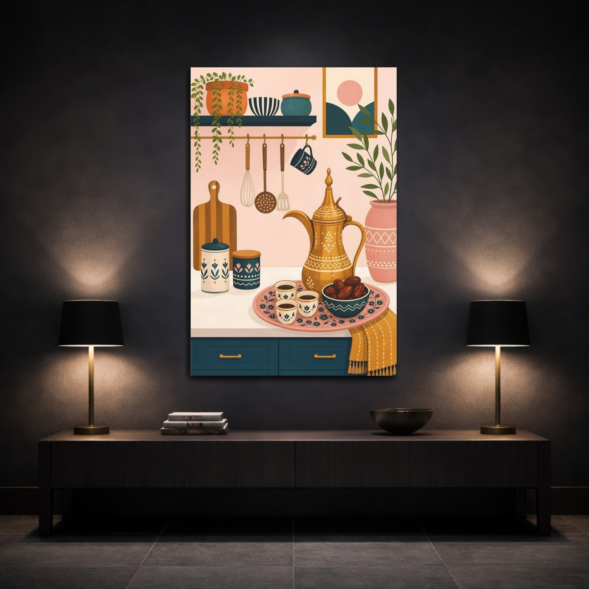 Mockup 3. Vintage Dallah Coffee Pink And Teal Kitchen shown as stretched canvas wall art