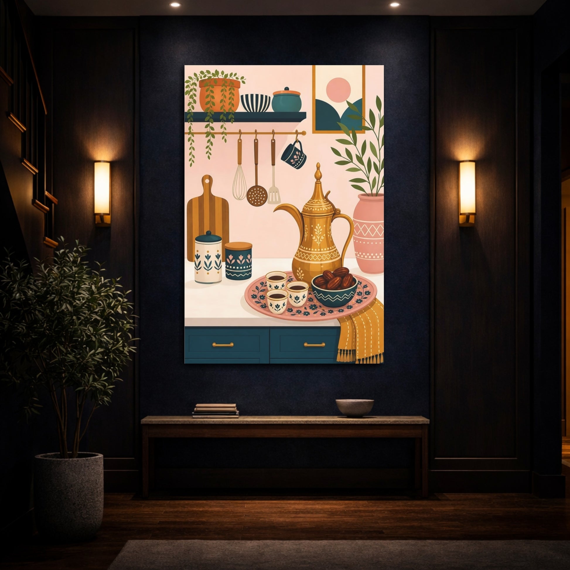 Mockup 4. Vintage Dallah Coffee Pink And Teal Kitchen shown as stretched canvas wall art