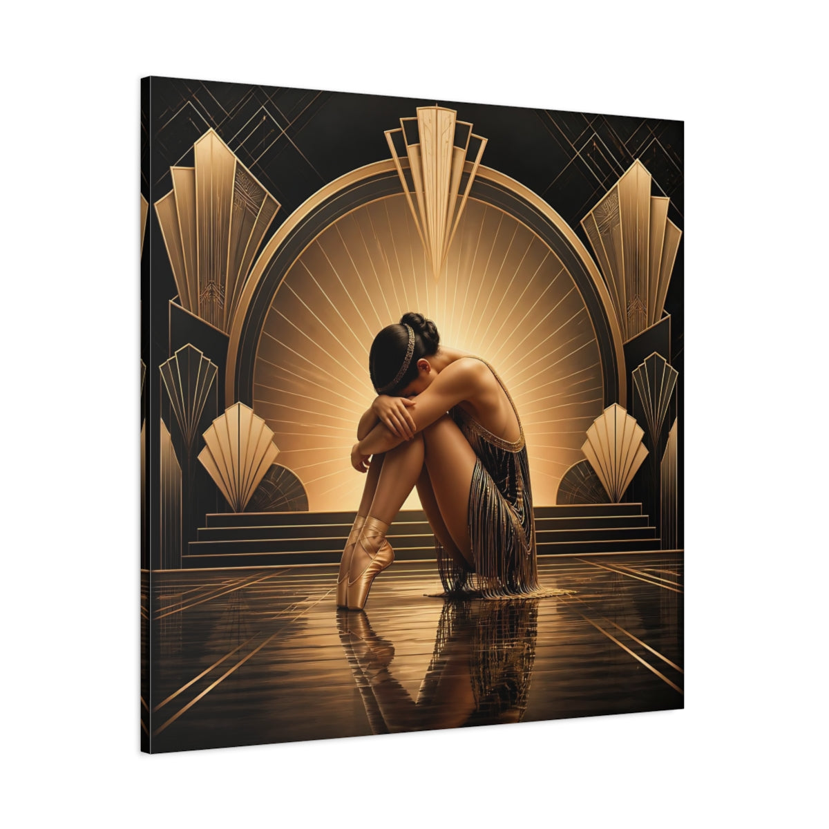 Side Mockup 1. Vintage Dancer Gold And Black shown as canvas print
