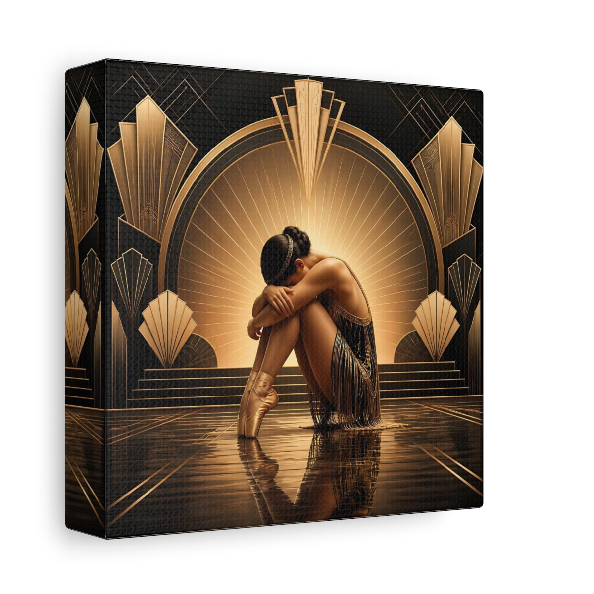 Side Mockup 2. Vintage Dancer Gold And Black shown as canvas print