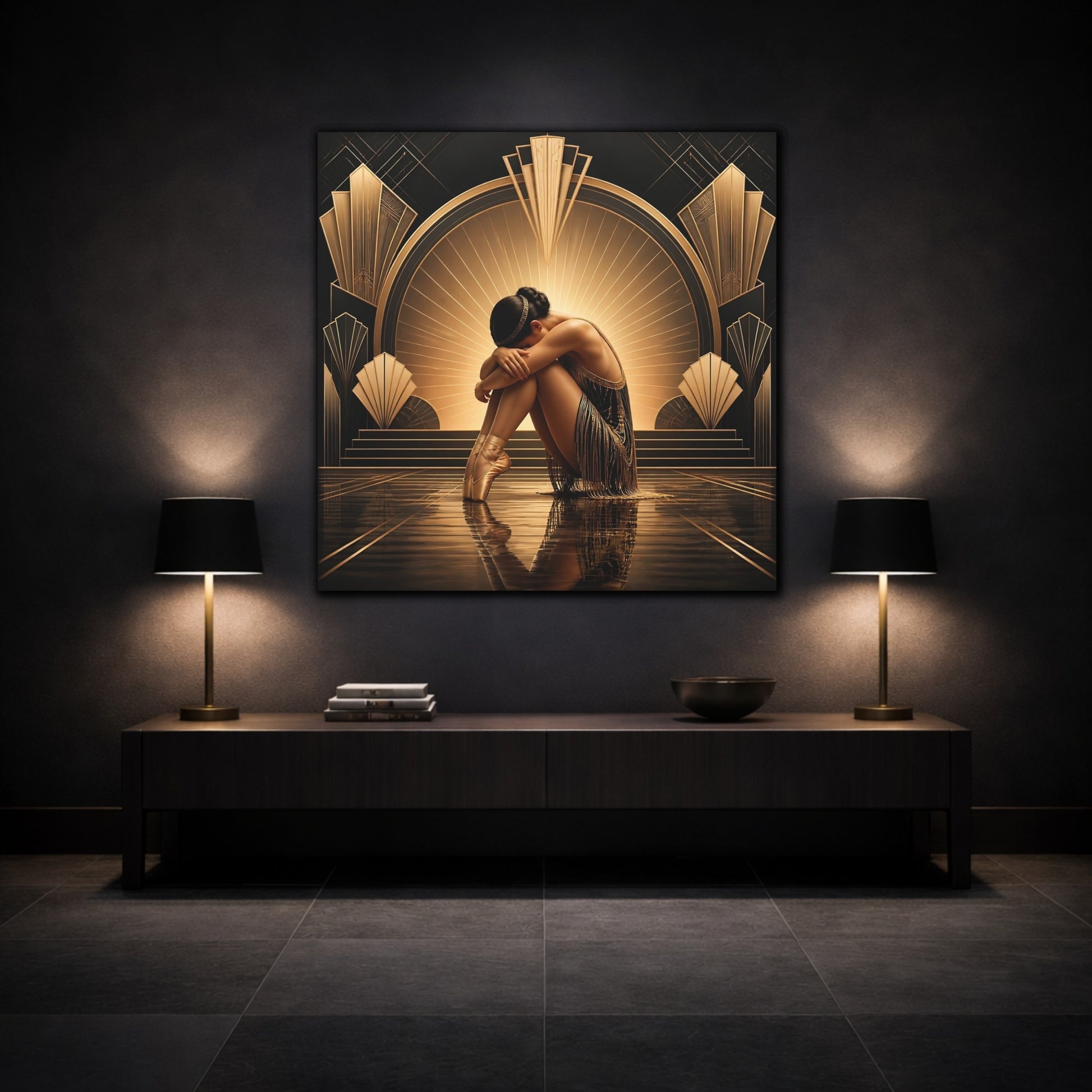 Mockup 3. Vintage Dancer Gold And Black shown as canvas print