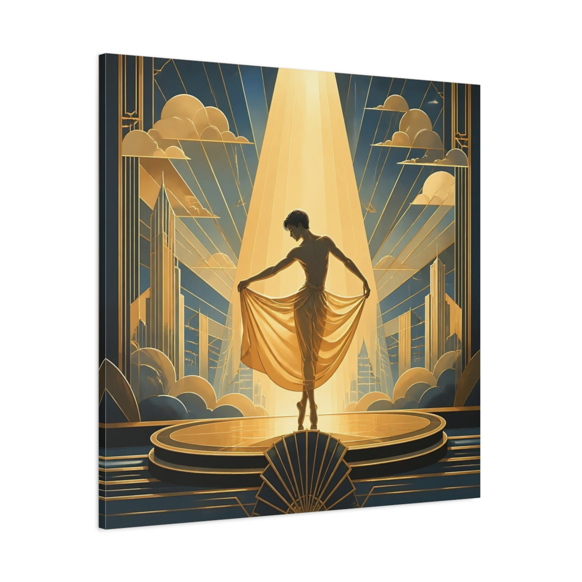 Side Mockup 1. Vintage Dancer Gold And Blue shown as canvas print