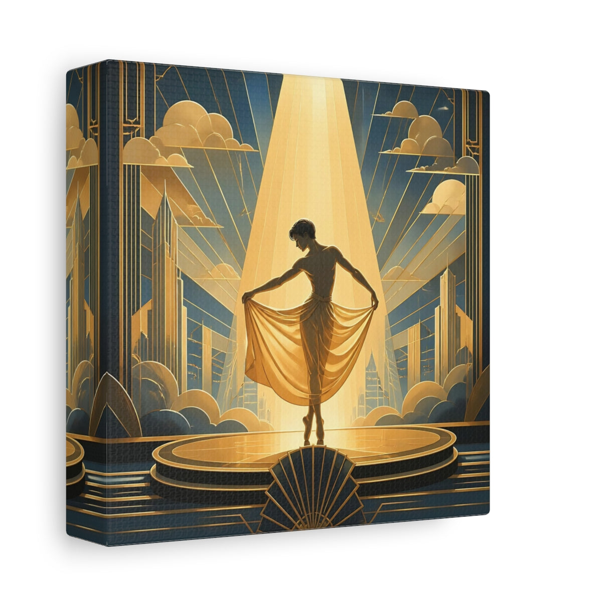 Side Mockup 2. Vintage Dancer Gold And Blue shown as canvas print
