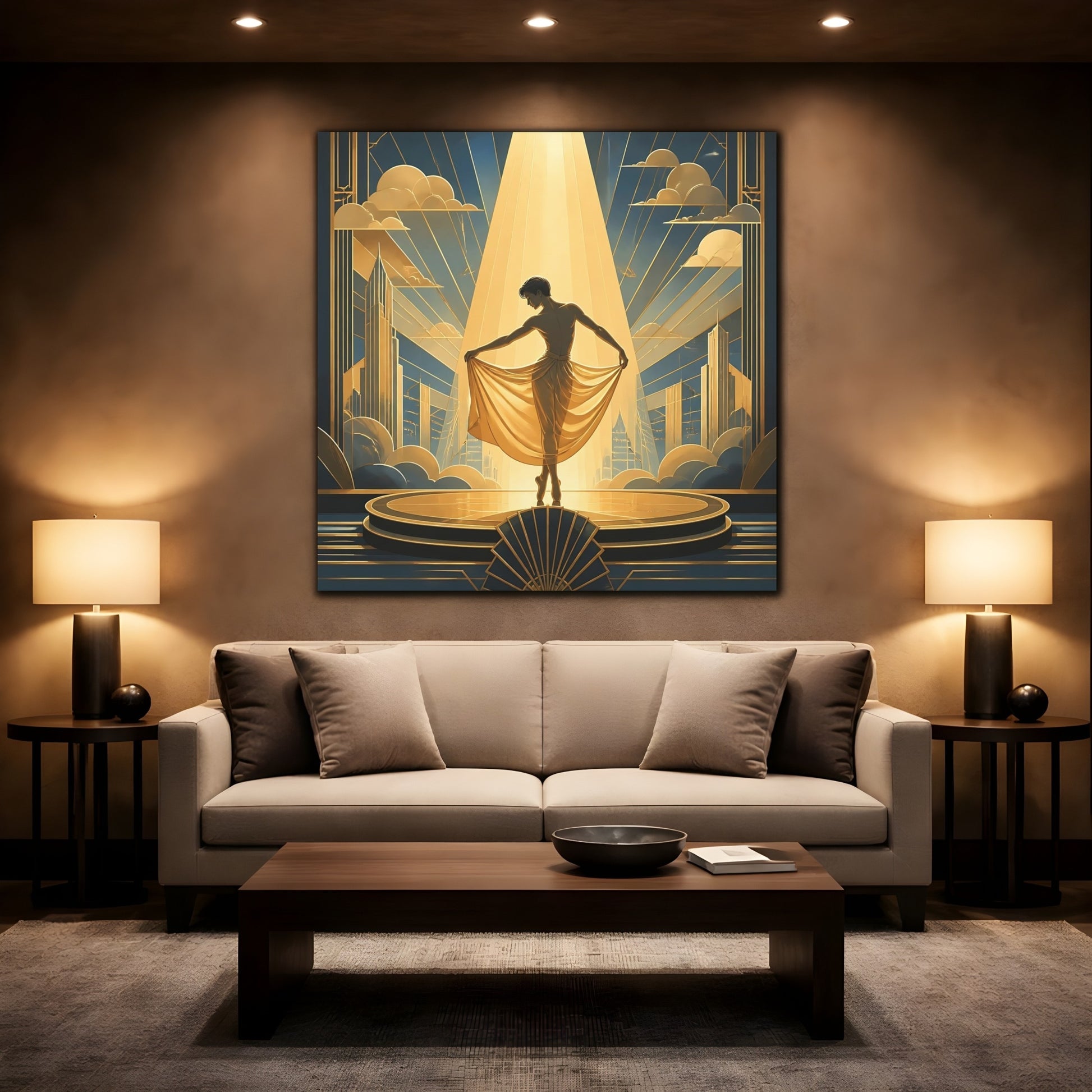 Mockup 2. Vintage Dancer Gold And Blue shown as canvas print