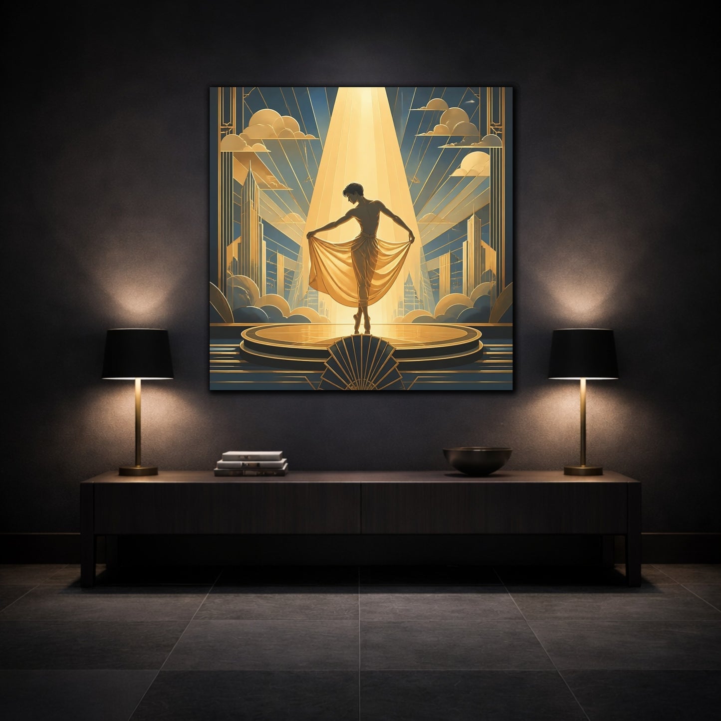 Mockup 3. Vintage Dancer Gold And Blue shown as canvas print
