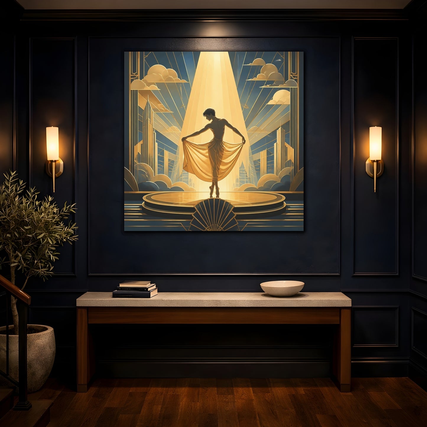 Mockup 4. Vintage Dancer Gold And Blue shown as canvas print