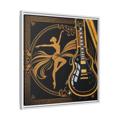 Side Mockup 26. Vintage Dancer, Guitar Black And Gold shown as framed canvas print