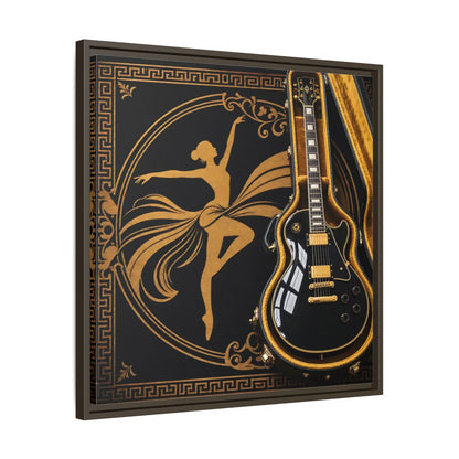 Side Mockup 27. Vintage Dancer, Guitar Black And Gold shown as framed canvas print