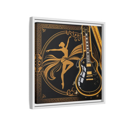Side Mockup 13. Vintage Dancer, Guitar Black And Gold shown as framed canvas print