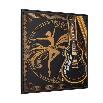Side Mockup 6. Vintage Dancer, Guitar Black And Gold shown as framed canvas print