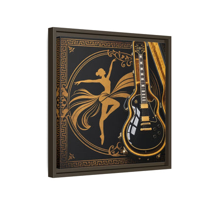 Side Mockup 14. Vintage Dancer, Guitar Black And Gold shown as framed canvas print