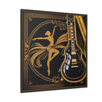 Side Mockup 5. Vintage Dancer, Guitar Black And Gold shown as framed canvas print
