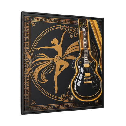 Side Mockup 30. Vintage Dancer, Guitar Black And Gold shown as framed canvas print