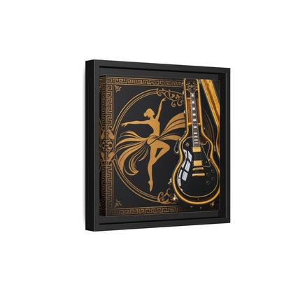 Side Mockup 21. Vintage Dancer, Guitar Black And Gold shown as framed canvas print