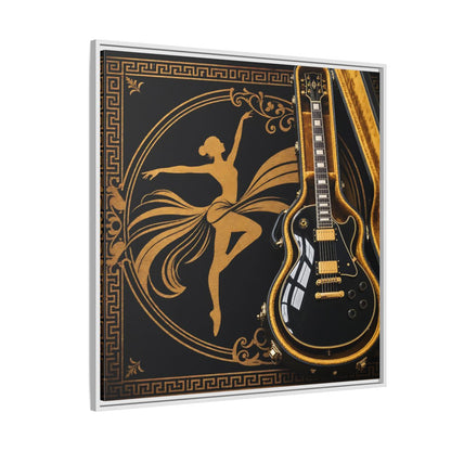 Side Mockup 4. Vintage Dancer, Guitar Black And Gold shown as framed canvas print