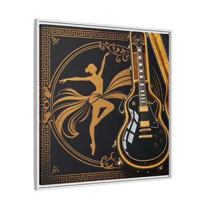Side Mockup 25. Vintage Dancer, Guitar Black And Gold shown as framed canvas print