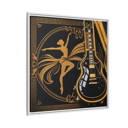 Side Mockup 7. Vintage Dancer, Guitar Black And Gold shown as framed canvas print