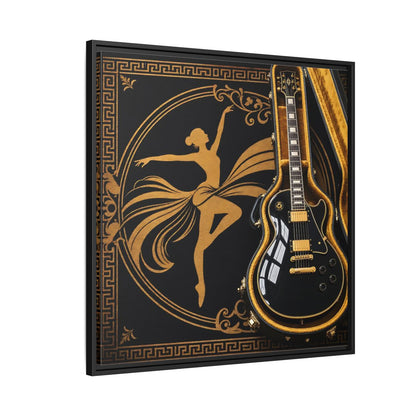 Side Mockup 9. Vintage Dancer, Guitar Black And Gold shown as framed canvas print