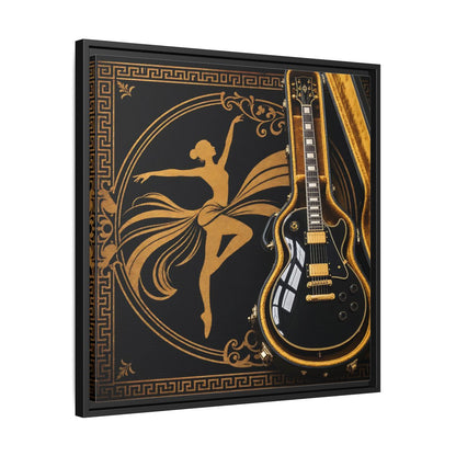 Side Mockup 31. Vintage Dancer, Guitar Black And Gold shown as framed canvas print