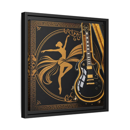 Side Mockup 32. Vintage Dancer, Guitar Black And Gold shown as framed canvas print