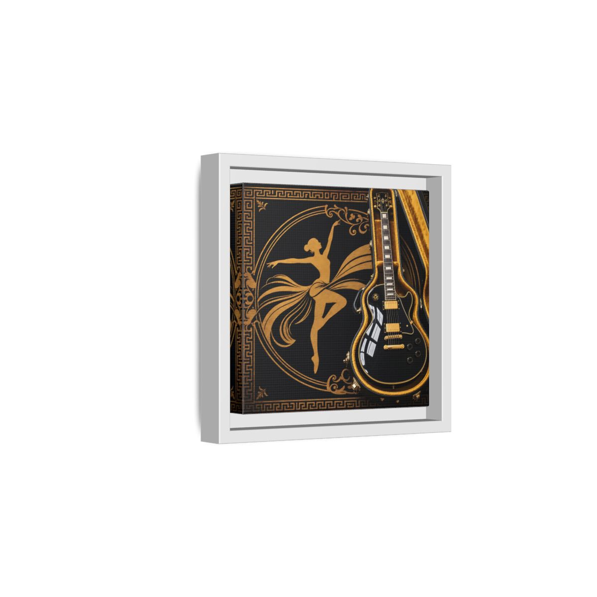 Side Mockup 1. Vintage Dancer, Guitar Black And Gold shown as framed canvas print