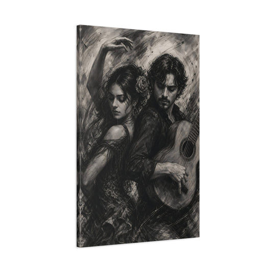 Main Mockup. Vintage Dancer Guitarist Monochrome Performance shown as canvas print