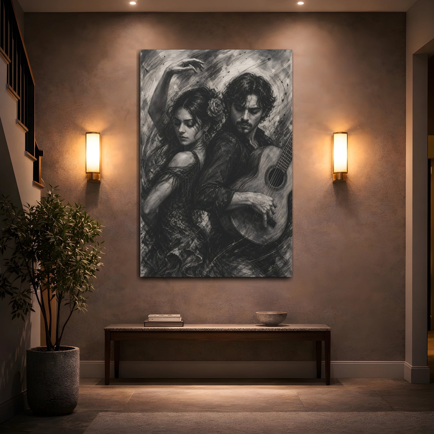 Mockup 2. Vintage Dancer Guitarist Monochrome Performance shown as canvas print