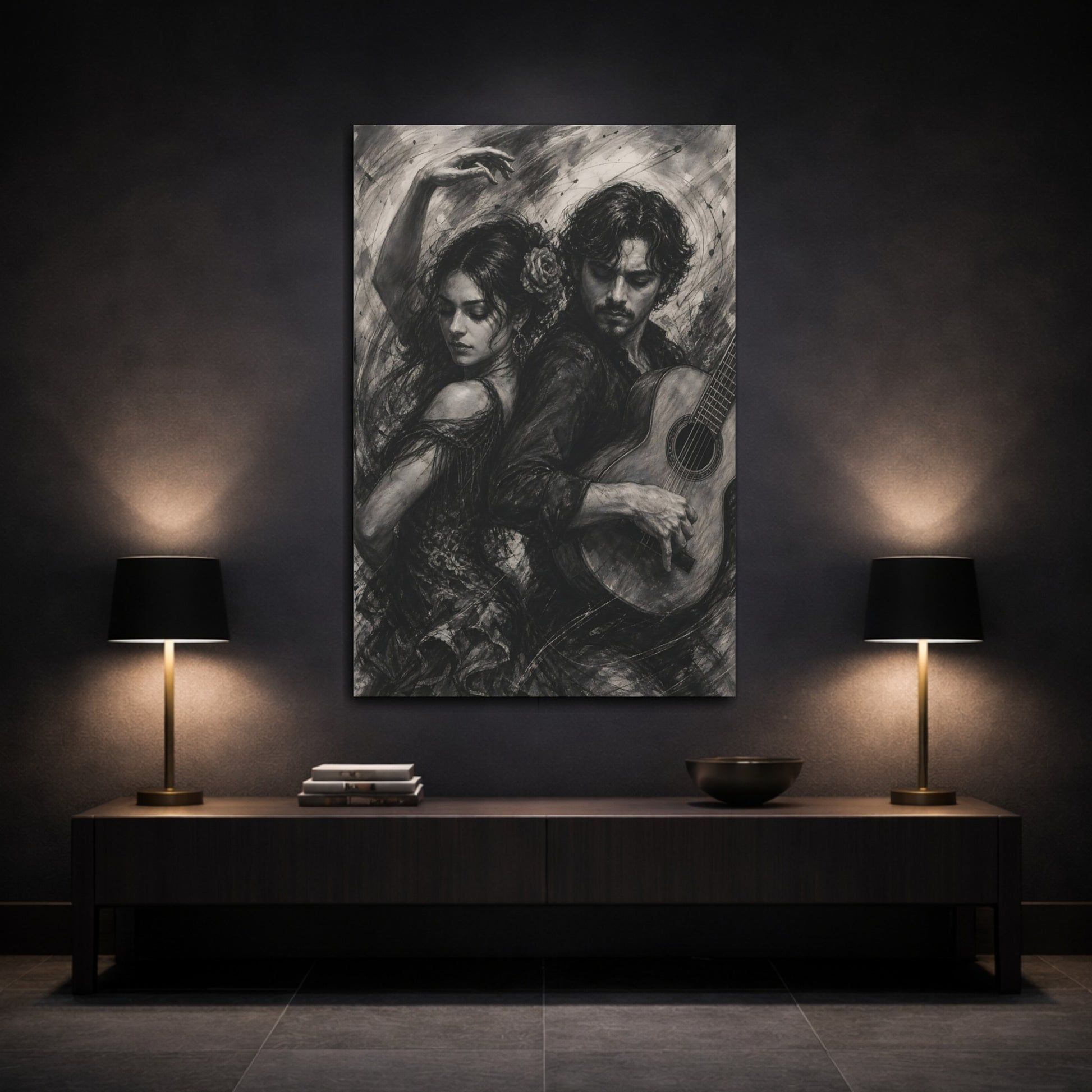 Mockup 3. Vintage Dancer Guitarist Monochrome Performance shown as canvas print