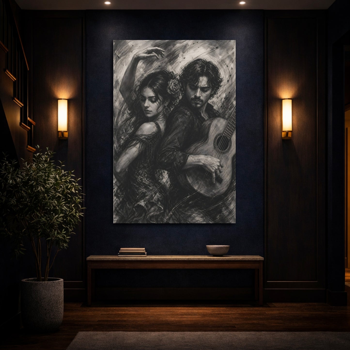 Mockup 4. Vintage Dancer Guitarist Monochrome Performance shown as canvas print