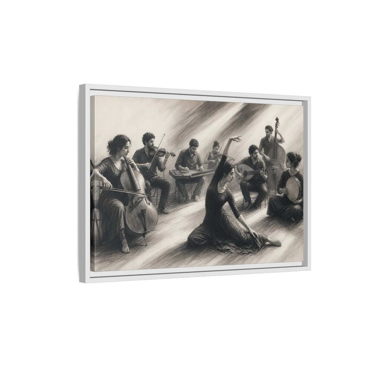 Side Mockup 1. Vintage Dancer, Musicians Monochrome Performance shown as framed canvas print