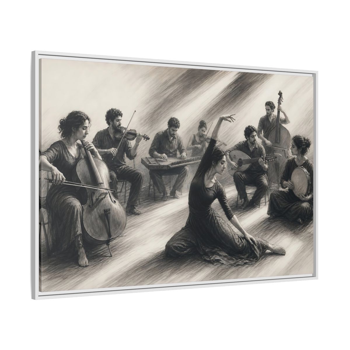 Side Mockup 7. Vintage Dancer, Musicians Monochrome Performance shown as framed canvas print