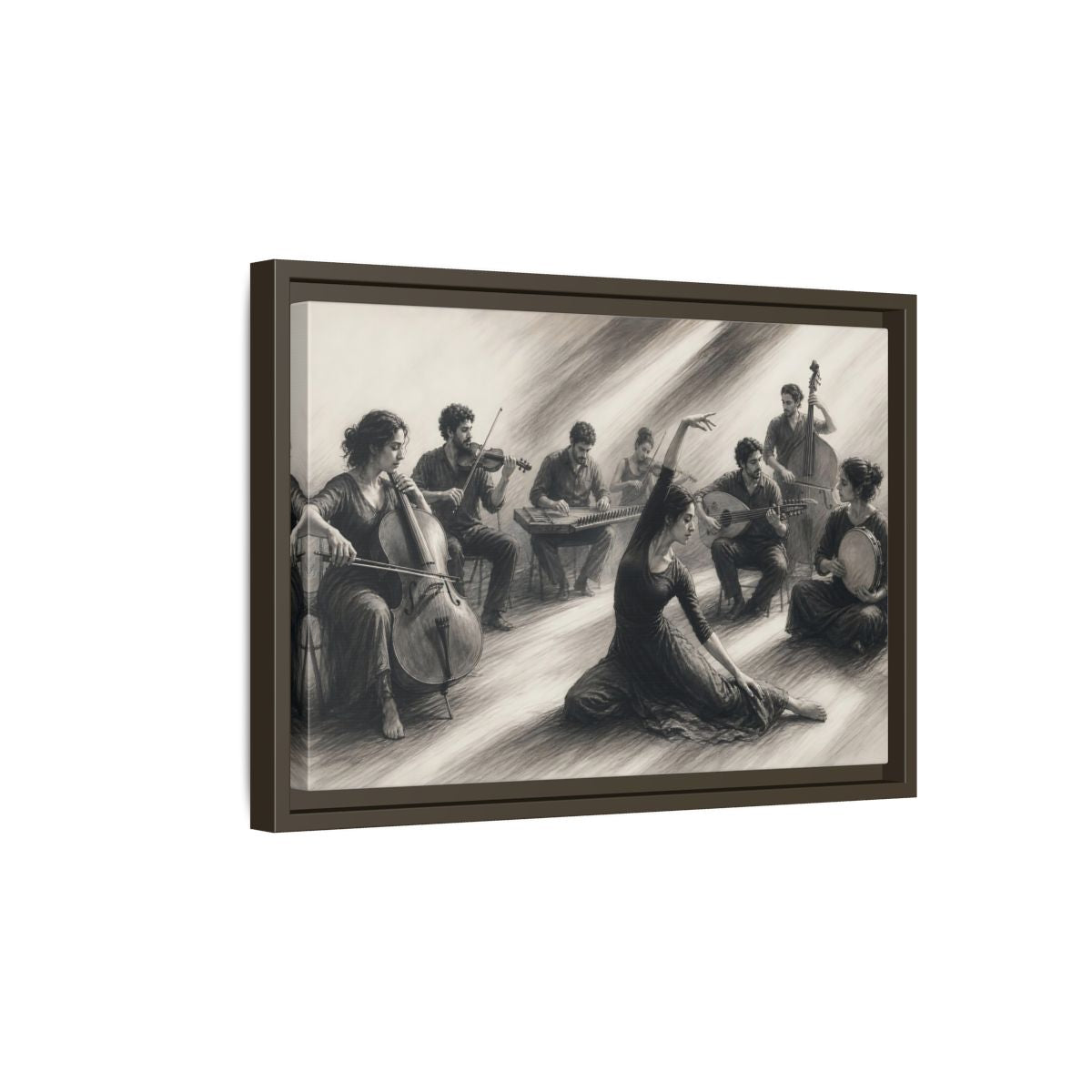 Side Mockup 5. Vintage Dancer, Musicians Monochrome Performance shown as framed canvas print