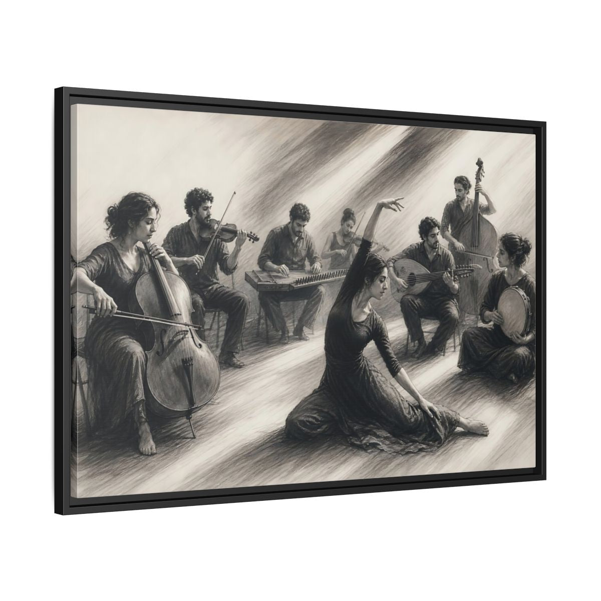 Side Mockup 13. Vintage Dancer, Musicians Monochrome Performance shown as framed canvas print