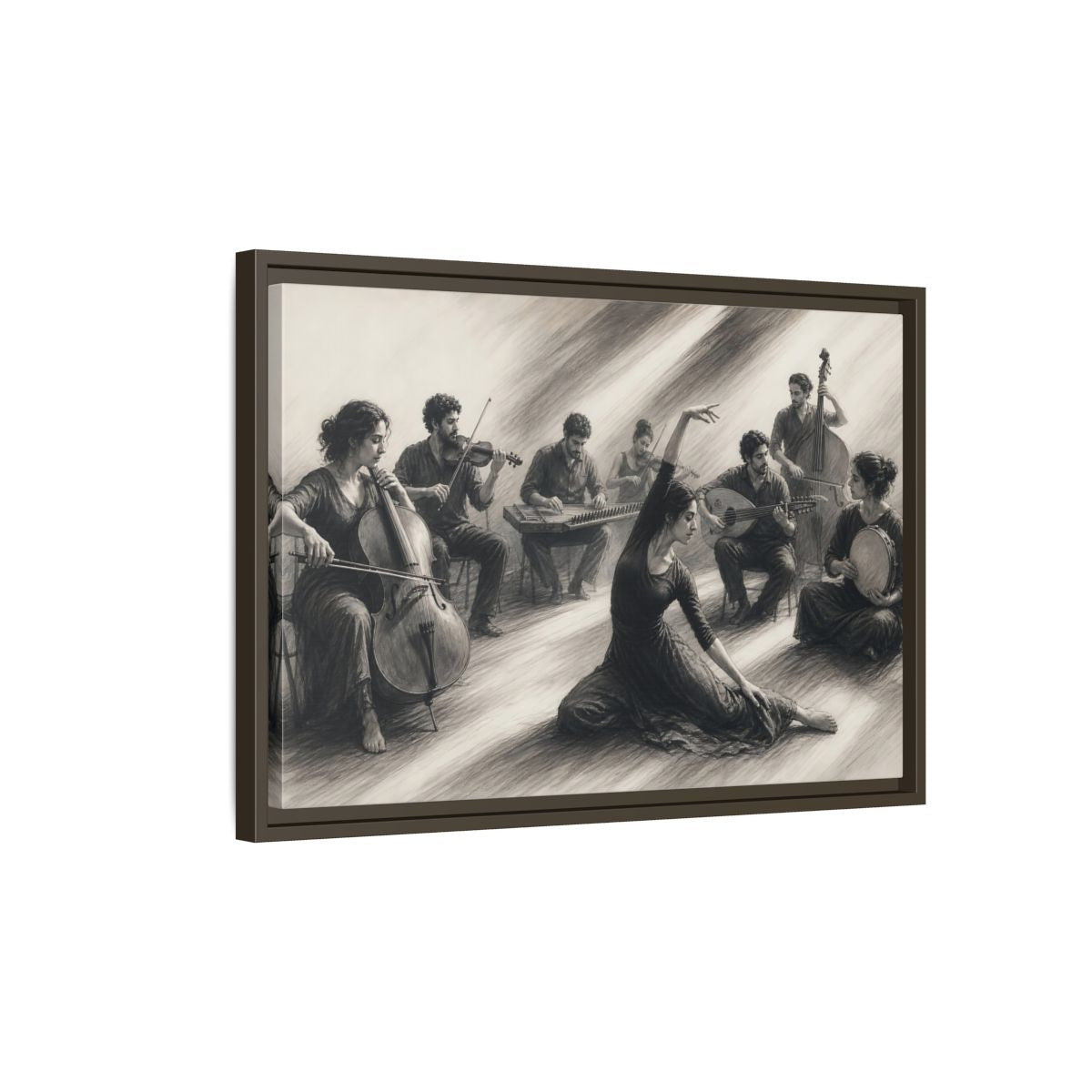Side Mockup 2. Vintage Dancer, Musicians Monochrome Performance shown as framed canvas print