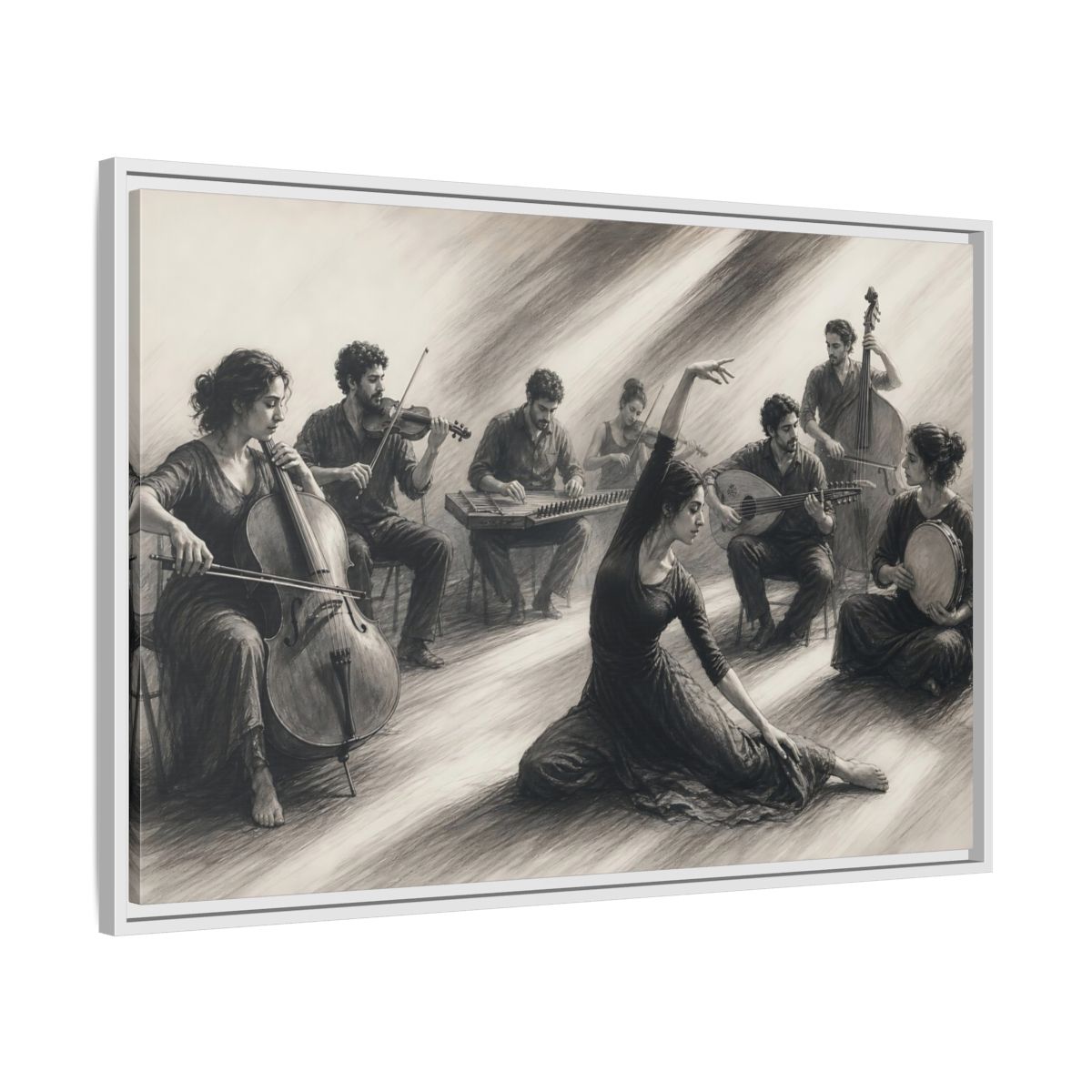 Side Mockup 9. Vintage Dancer, Musicians Monochrome Performance shown as framed canvas print