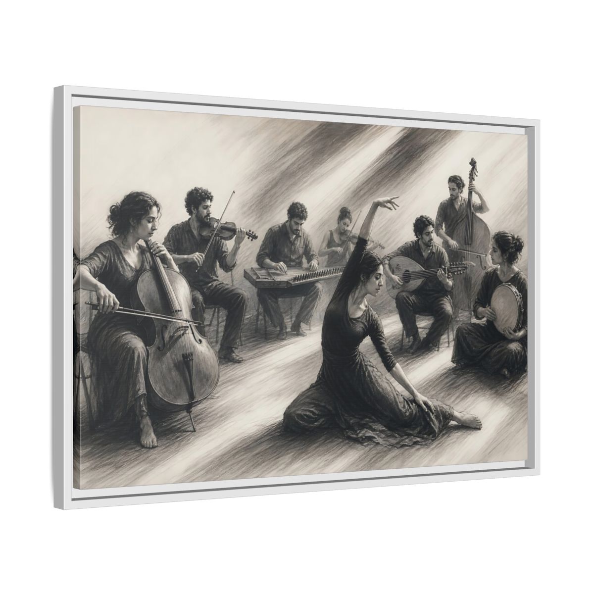 Side Mockup 10. Vintage Dancer, Musicians Monochrome Performance shown as framed canvas print
