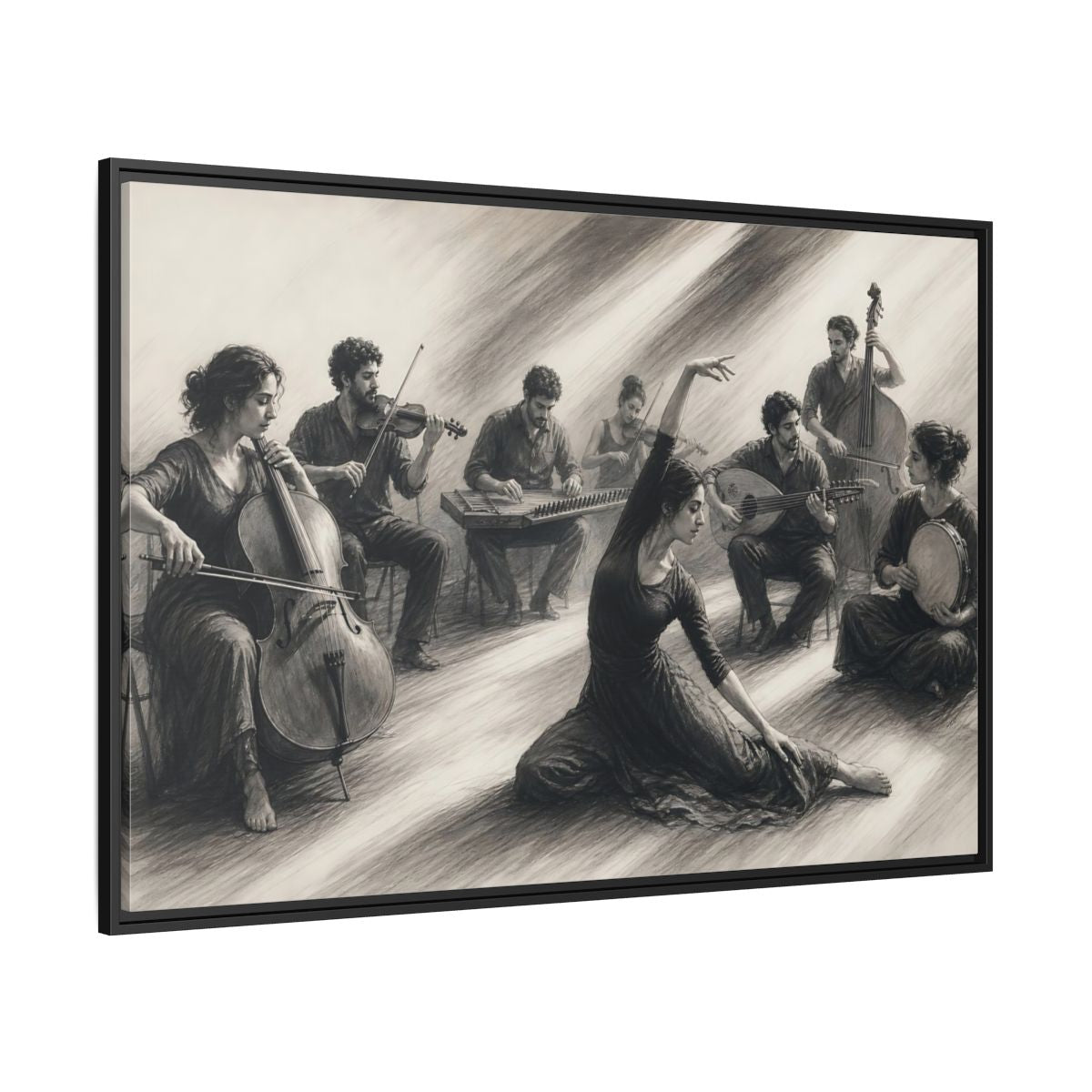 Side Mockup 12. Vintage Dancer, Musicians Monochrome Performance shown as framed canvas print