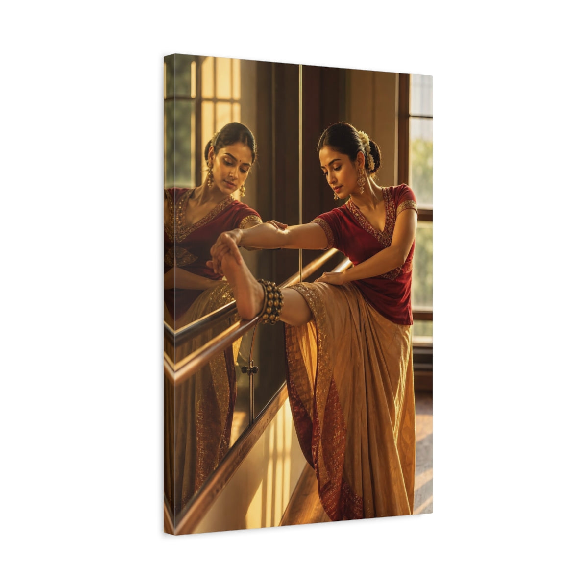 Side Mockup 3. Vintage Dancer Red And Gold shown as canvas print
