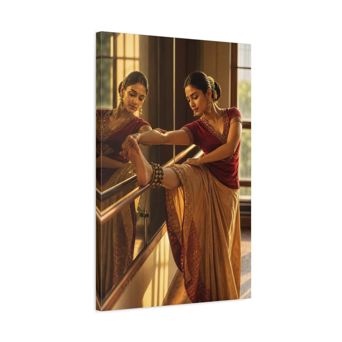 Side Mockup 2. Vintage Dancer Red And Gold shown as canvas print