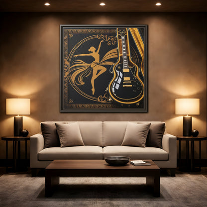 Mockup 2. Vintage Dancer, Guitar Black And Gold shown as framed canvas print
