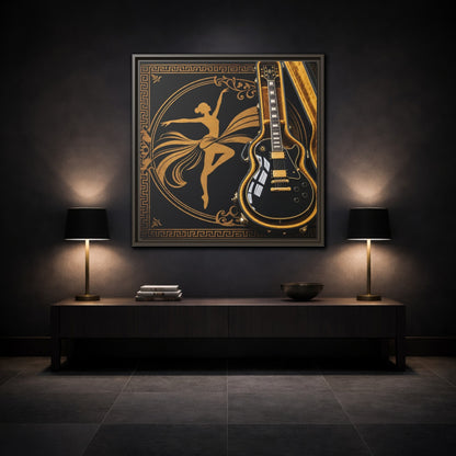 Mockup 3. Vintage Dancer, Guitar Black And Gold shown as framed canvas print