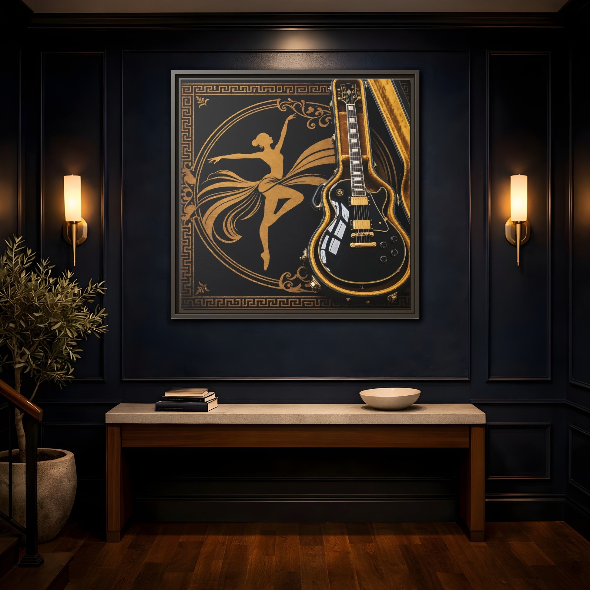 Mockup 4. Vintage Dancer, Guitar Black And Gold shown as framed canvas print