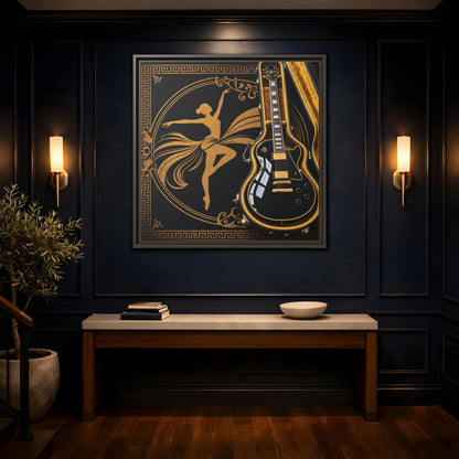 Mockup 4. Vintage Dancer, Guitar Black And Gold shown as framed canvas print