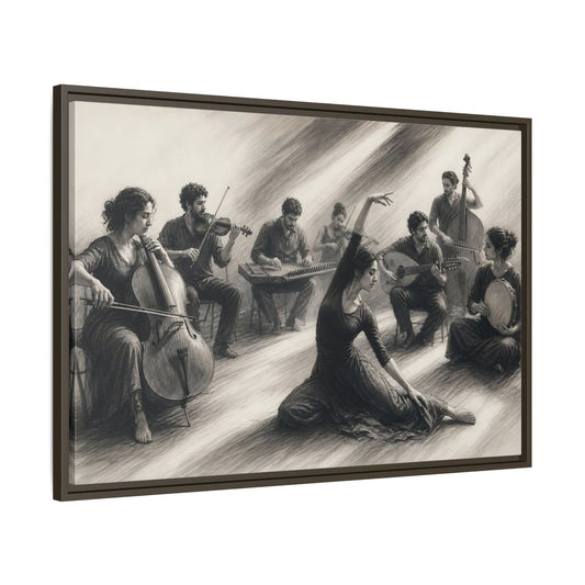 Main Mockup. Vintage Dancer, Musicians Monochrome Performance shown as framed canvas print
