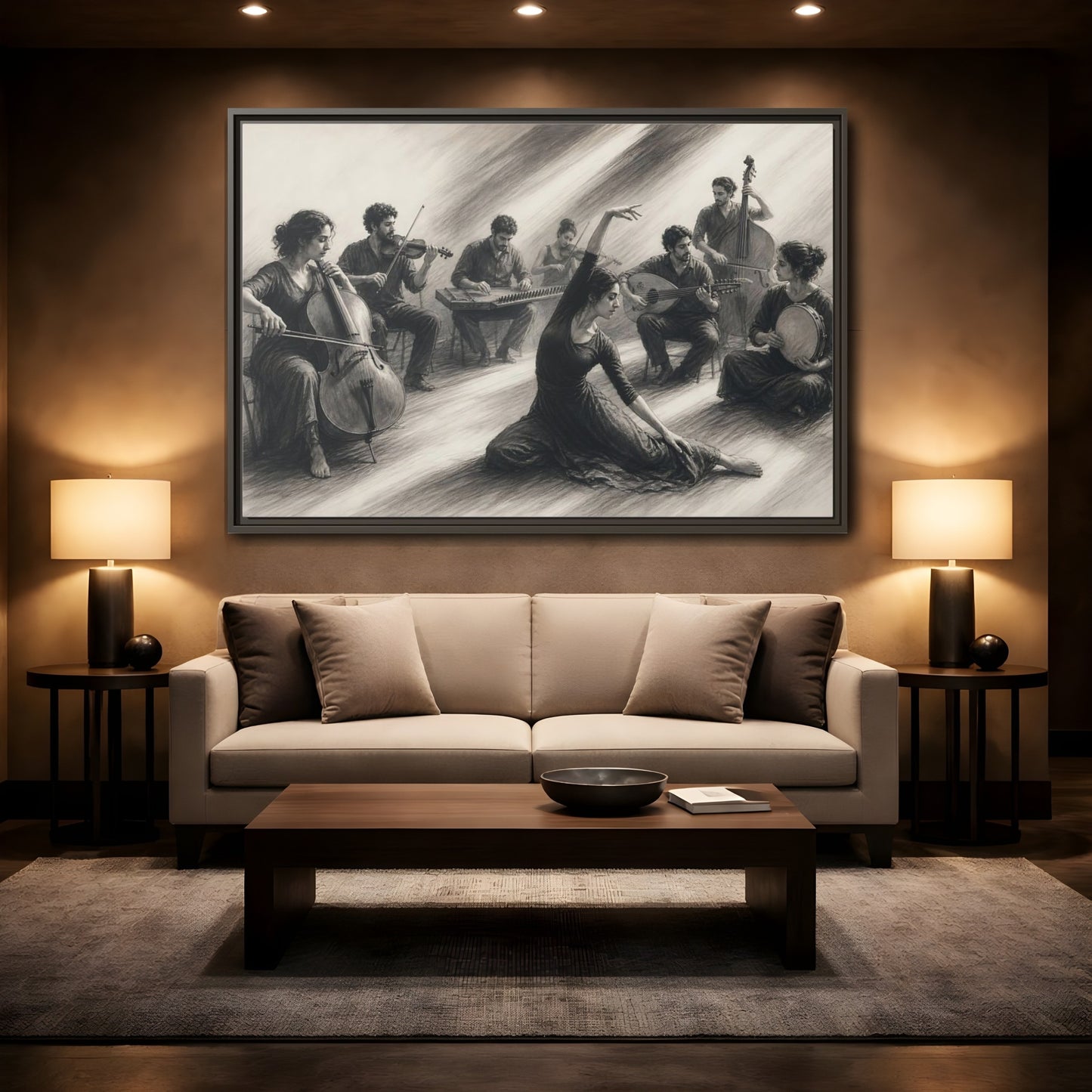 Mockup 2. Vintage Dancer, Musicians Monochrome Performance shown as framed canvas print